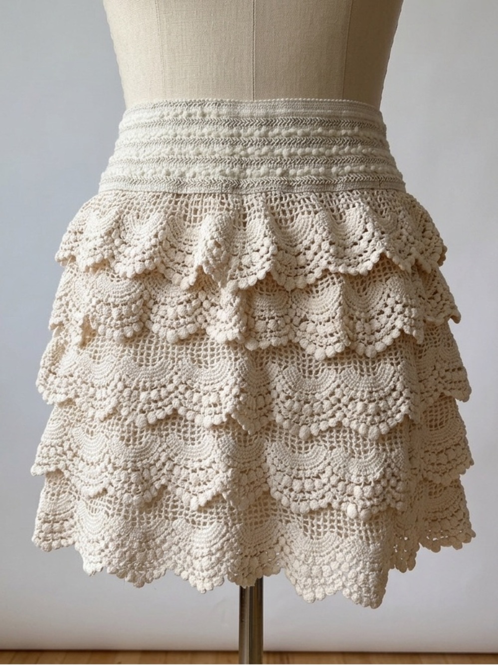 India Boutique Crochet Lace Layered Tiered Mini Skirt Cream Boho OS
